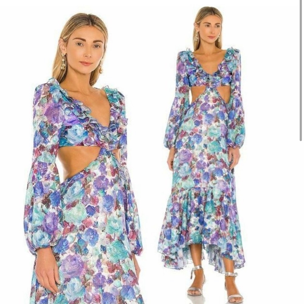 NEW PatBO Blossom Cut Out Beach Floral Ruffle V Neck Maxi Dress Size XS
